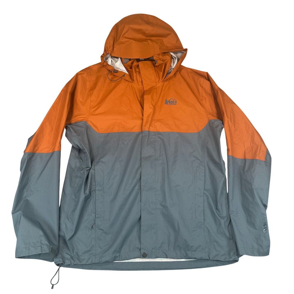 REI Co-op Peak 2.5L Waterproof Rain Jacket Mens Large Orange Grey Colorblock